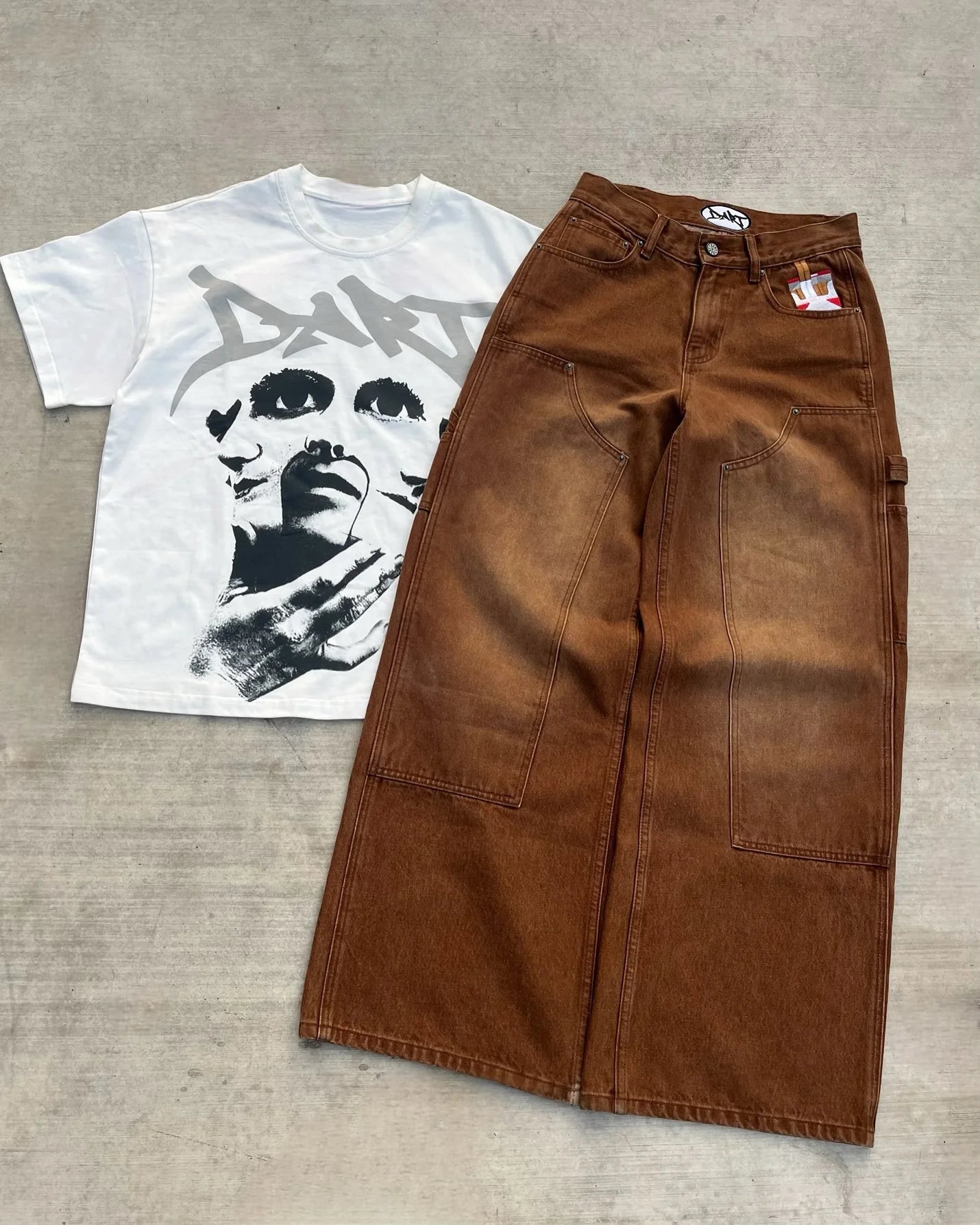 New Y2K Gothic Punk American Retro Punk Embroidered Jeans Mens Washed Old Brown Loose Straight Wide Legs Fashionable Jeans