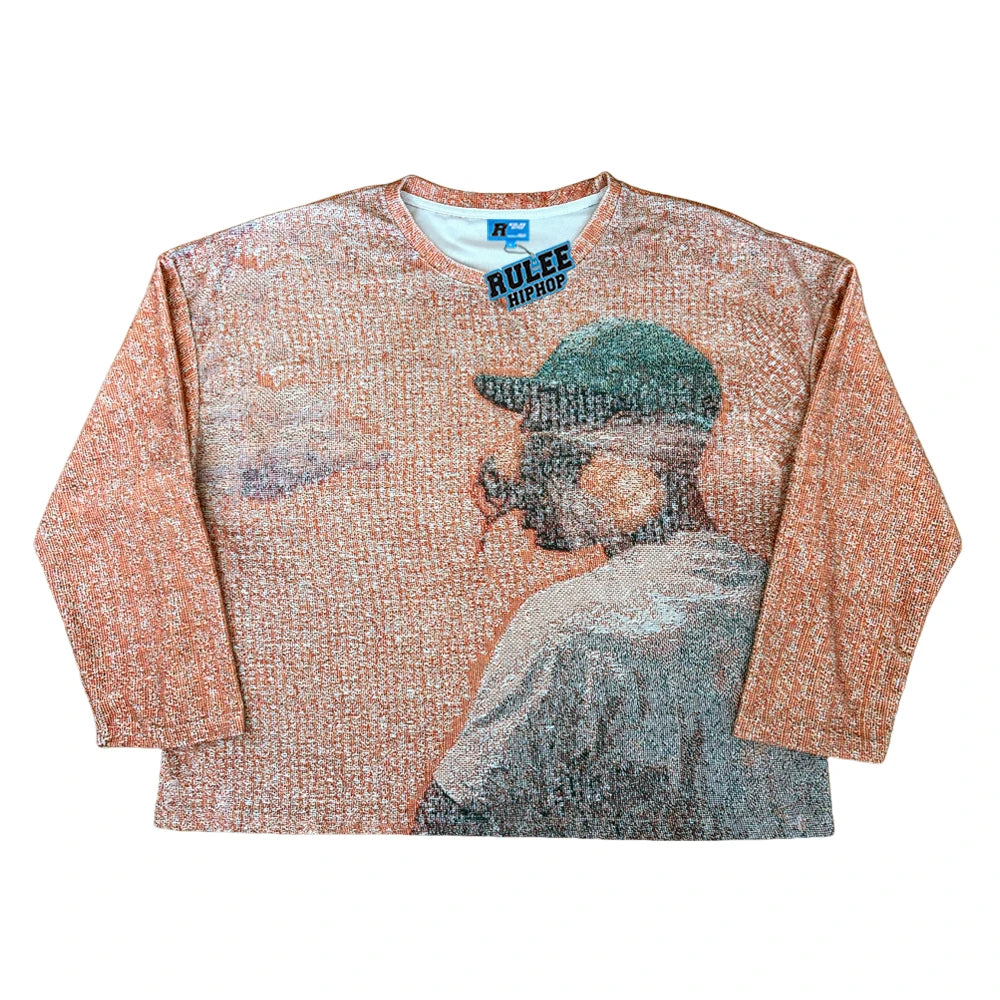 Red ler Creator Autumn Winter Print Illustration Sle Hip Hop round Ne Long Sve Loose American Retro Men's Knitted...