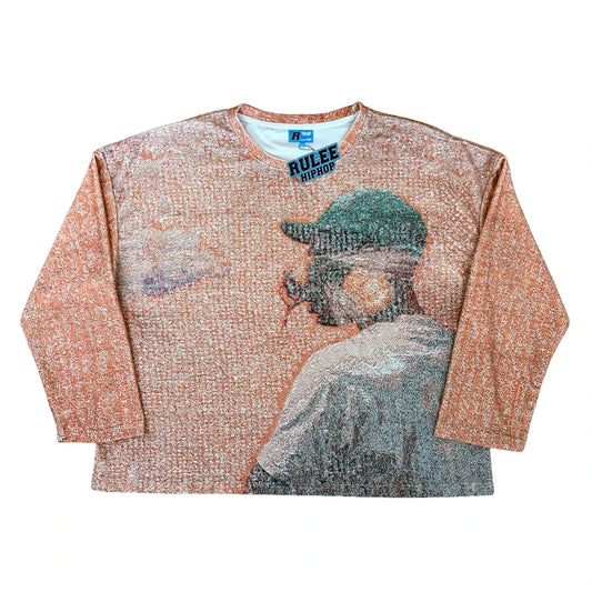 Red ler Creator Autumn Winter Print Illustration Sle Hip Hop round Ne Long Sve Loose American Retro Men's Knitted...