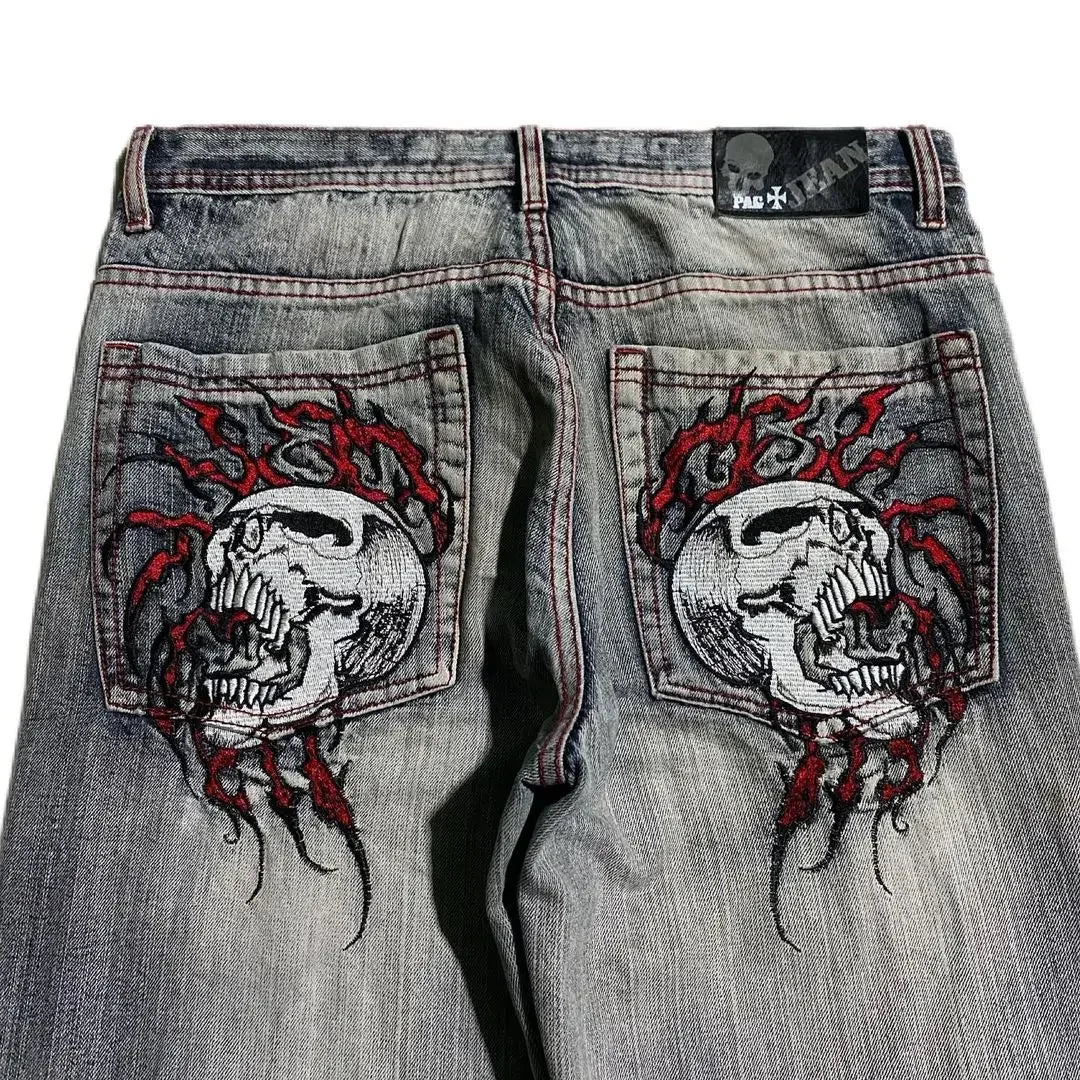 New Y2K Gothic Punk American Retro Punk Embroidered Jeans Mens Washed Old Brown Loose Straight Wide Legs Fashionable Jeans